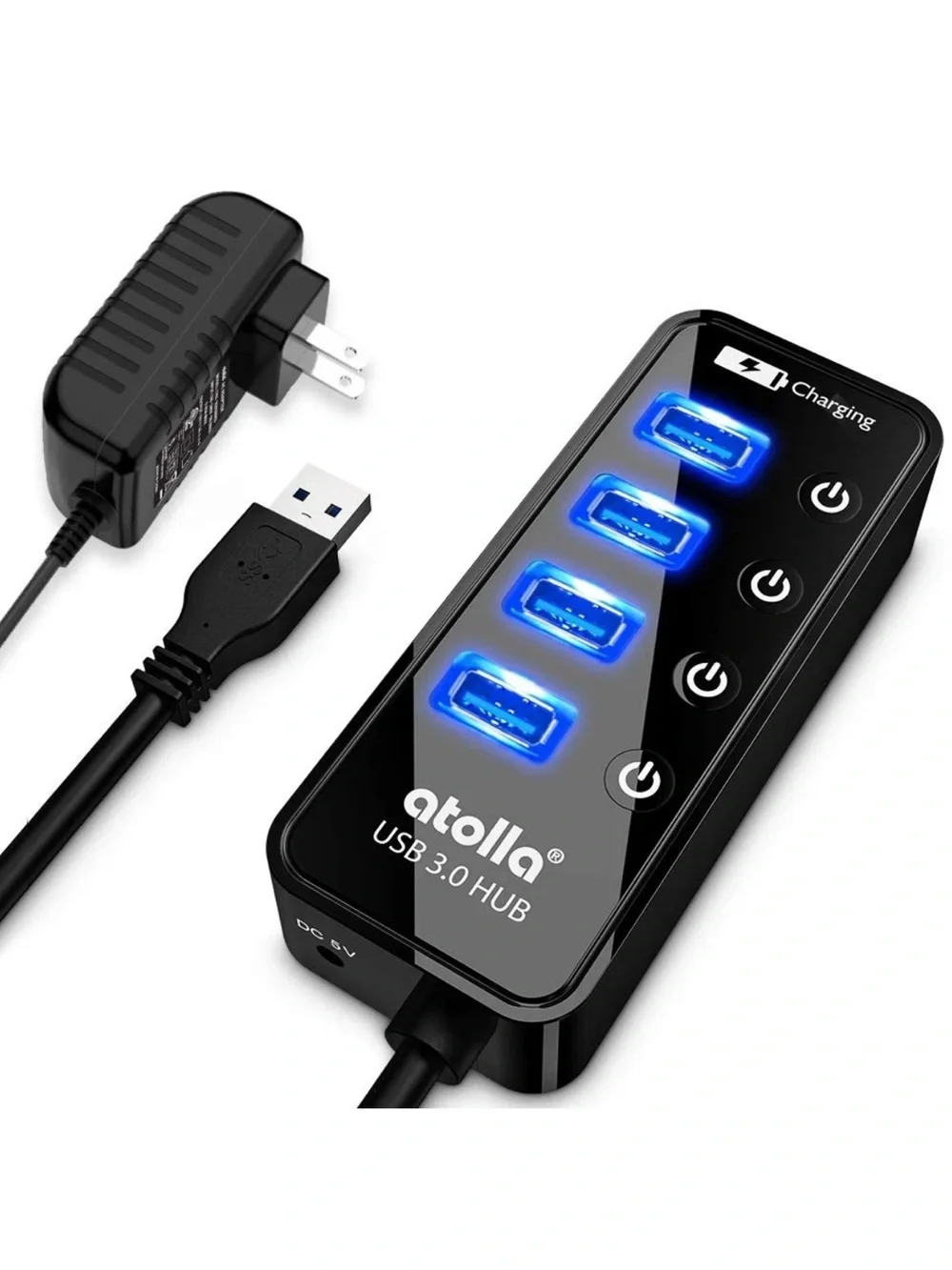 4-Port USB 3.0 Hub with 4 Data Ports, 1 Smart Charging Port, Individual On/Of...